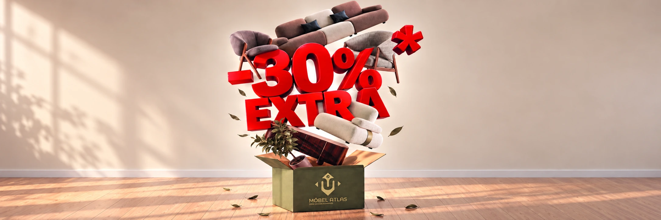 30 % EXTRA: rote 3D-Schrift und Möbel zentral in einer durchgehenden Raumansicht, mit MöbelAtlas-Box und Markenlogo.